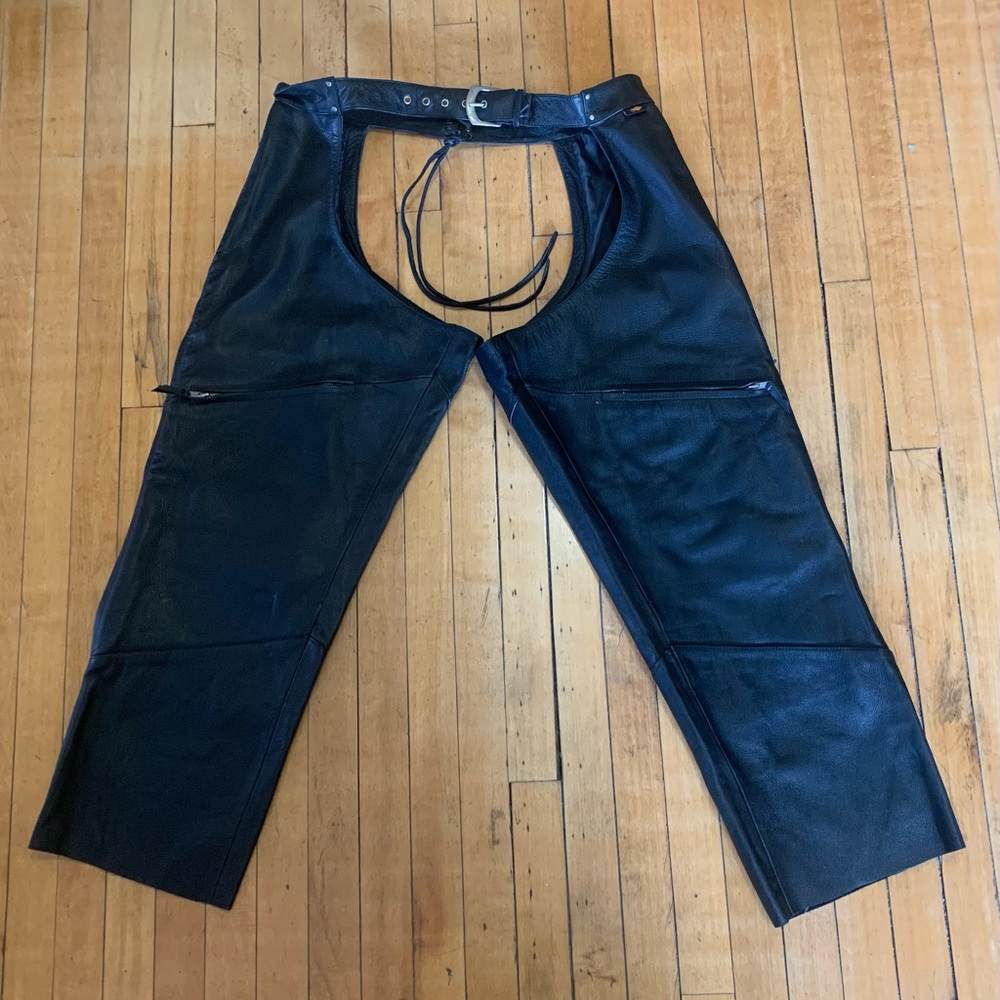 POWER TRIP Motorcycle Lined Heavy Leather Biker Chaps Mens Size L 36-38x33